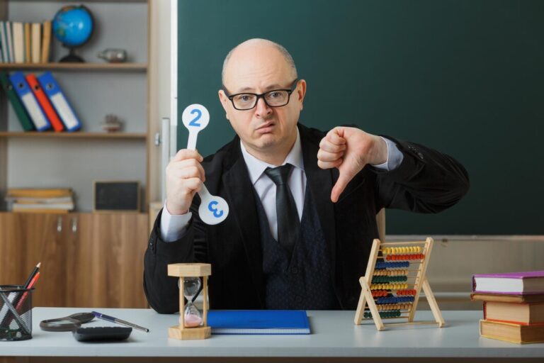 man-teacher-wearing-glasses-sitting-school-desk-with-class-register-front-blackboard-classroom-holding-number-plates-explaining-lesson-showing-thumb-down_141793-131421